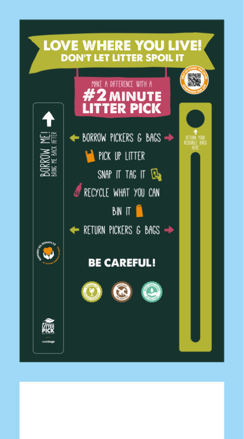 2 Minute Litter Pick design for station featuring; &amp;amp;#039;Love Where You Live  - Don&amp;amp;#039;t Let Litter Spoil It&amp;amp;#039; artwork and space for litter pickers and bags.